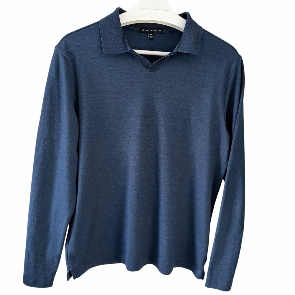 ROBERT BARAKETT Blue Adison Open Collar Polo Long Sleeve Pima Cotton Blend m